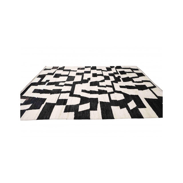 Mid-Century Modern Black & White Handknotted Modern Wool Rug For Sale - Image 3 of 7