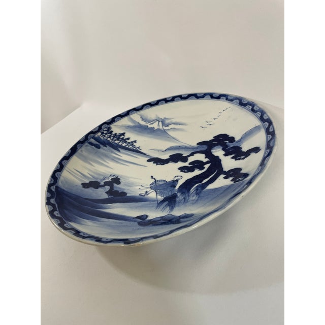 Imari Porcelain Early 20th Century Large 14.5" Blue and White Japanese Charger Mt Fuji For Sale - Image 4 of 17