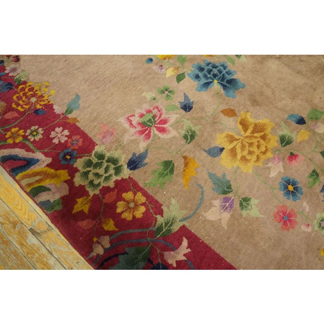 Textile 1920s Tan Ecru Floral Antique Chinese Art Deco Rug 8'8' 'X 11'6'' Knotted Wool Carpet For Sale - Image 7 of 9