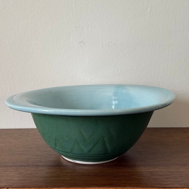 Vintage Hand Thrown and Decorated Bowl in Green and Blue by Ezzell Measures approx: 12D X 5H Please visit my other...