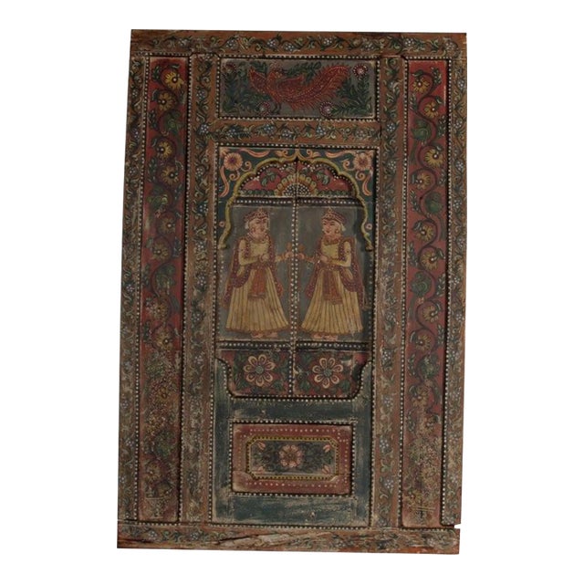 Vintage Indian Painted Teakwood Window Facade For Sale