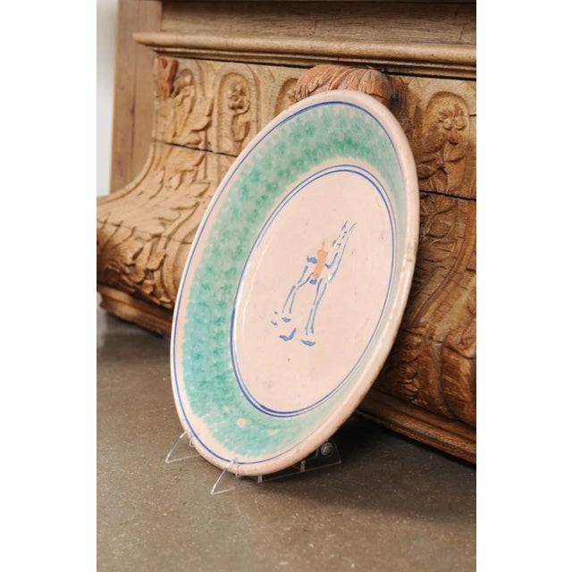 1910s Northern Italian Pottery Platter with Blue Deer Motif and Weathered Patina For Sale - Image 9 of 13