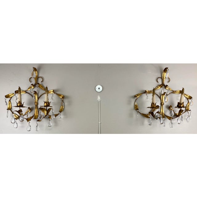 Pair of Maison Baguès Style Sconces or Maison Jansen Style Brass and Crystal Wall Sconces For Sale - Image 10 of 10