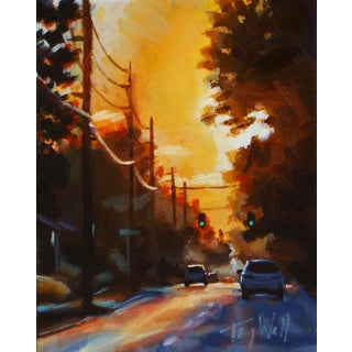 Going Home by Tracy Wall | Mixed Media on Canvas sunset street scene with cars and trees For Sale