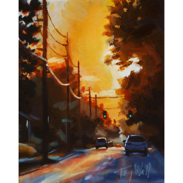 Going Home by Tracy Wall | Mixed Media on Canvas sunset street scene with cars and trees For Sale