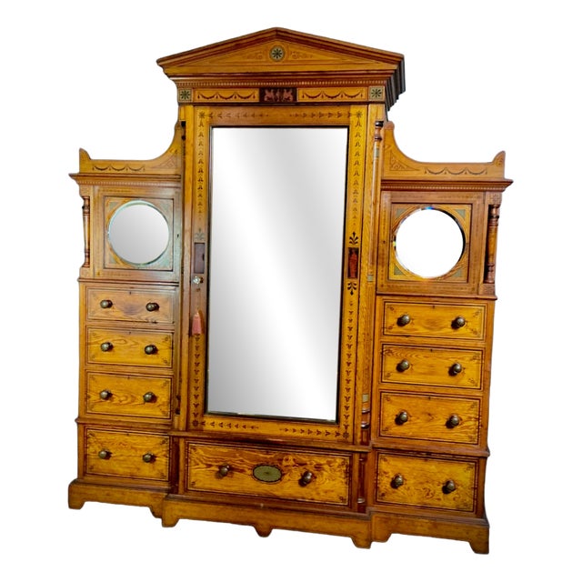 Victorian Pitch Pine Hand Decorated Wardrobe, 1875 For Sale