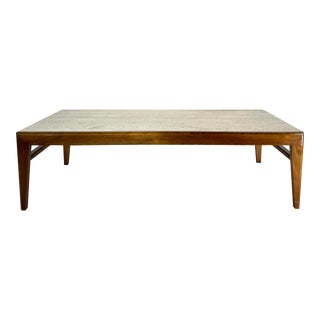 Vintage Italian Travertine Top Walnut Coffee Table For Sale