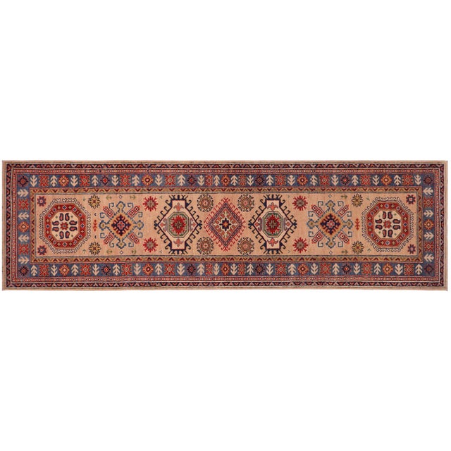 Peach Southwestern Kazak Peach/Light Blue Wool Runner Rug- 2'10''x9'8'' For Sale - Image 8 of 10