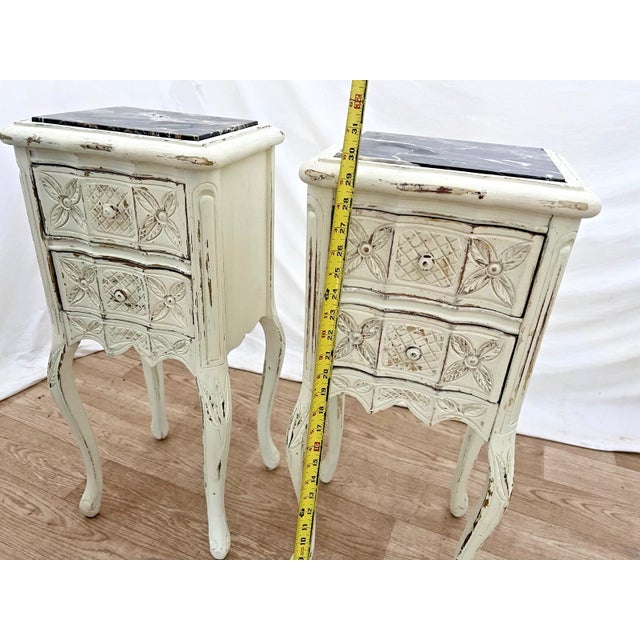 White Early 20th Century French Nightstands Bedside Chests Marble Top Shabby Chic Distressed Petite Size For Sale - Image 8 of 11