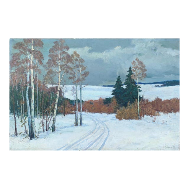 Winter Landscape Antique Oil Painting Original Soviet Art Ukrainian Artist Pavlyuk n.a. 80-120 1969 For Sale
