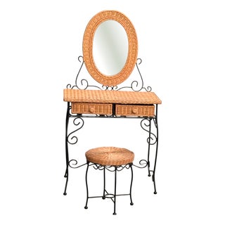 Rattan and Wrought Iron Vanity Table with Mirror and Bench, 1960s, Set of 2 For Sale