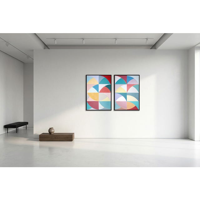 2026, Color Field Painting Diptych, Deco Flora Matrix, Original Painting on Paper in Pastel Tones, Geometric Tiles Shapes by Natalia Roman For Sale - Image 9 of 10
