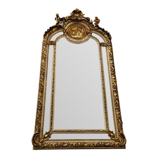 French Baroque Wall Mirror With Gilded Frame, Cherub Crest & Classical Medallion For Sale