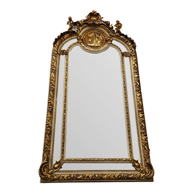 French Baroque Wall Mirror With Gilded Frame, Cherub Crest & Classical Medallion For Sale