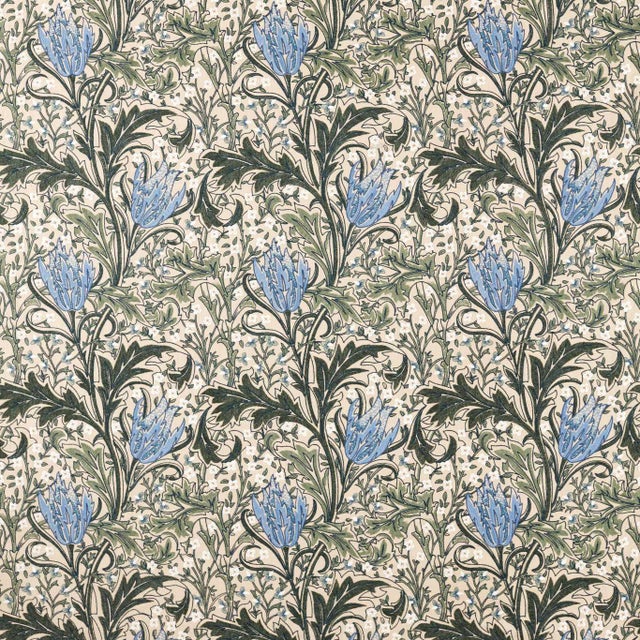 Morris & Co. Lent Lily Embroidery Fabric in Forest/Cornflower Blue - a sample For Sale