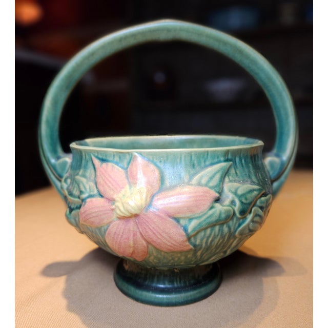 Roseville Pottery 1940s Roseville Pottery Pink Clematis Basket For Sale - Image 4 of 8