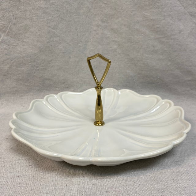 Vintage California Pottery Cream White Relish Dish Tray With Gold Metal Handle For Sale In Sacramento - Image 6 of 12