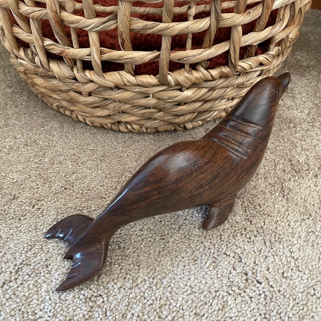 1970s Vintage Hand-Carved Iron Wood Sea Lion Mid-Century Modern Carving Animal Coastal For Sale - Image 5 of 8