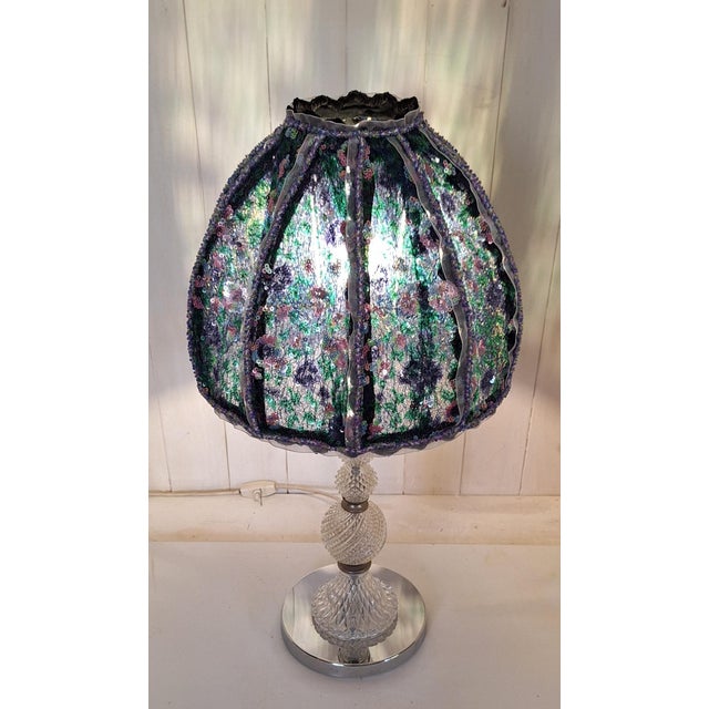 1970s Vintage Table Lamp with Chrome-Plated Metal Base, Relief Glass Inlays, and a Sequined Shade from Lamplove, 1970s For Sale - Image 5 of 10