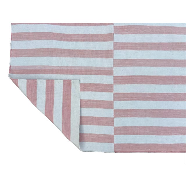 Casa Cosima Handwoven Cotton Area Rug, Vegetable Dyed, Pink and Cream Striped Dhurrie - 12'x15' For Sale - Image 4 of 10
