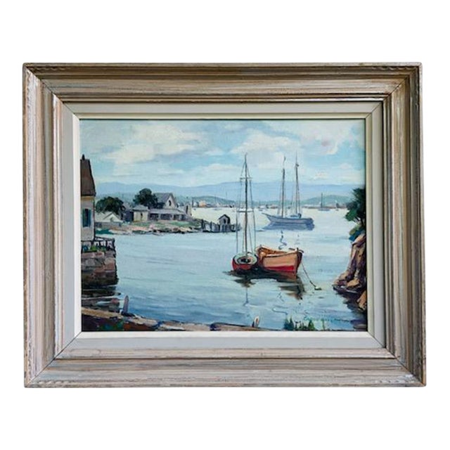 Carol Haydan Coastal Marine Harbor Scene Oil on Canvas Board For Sale