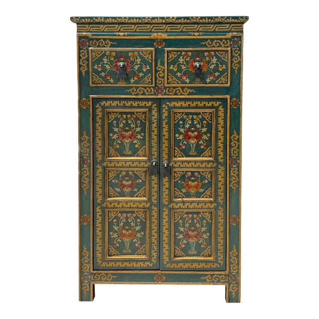Distressed Teal Blue Green Tibetan Floral End Table Nightstand Cabinet For Sale