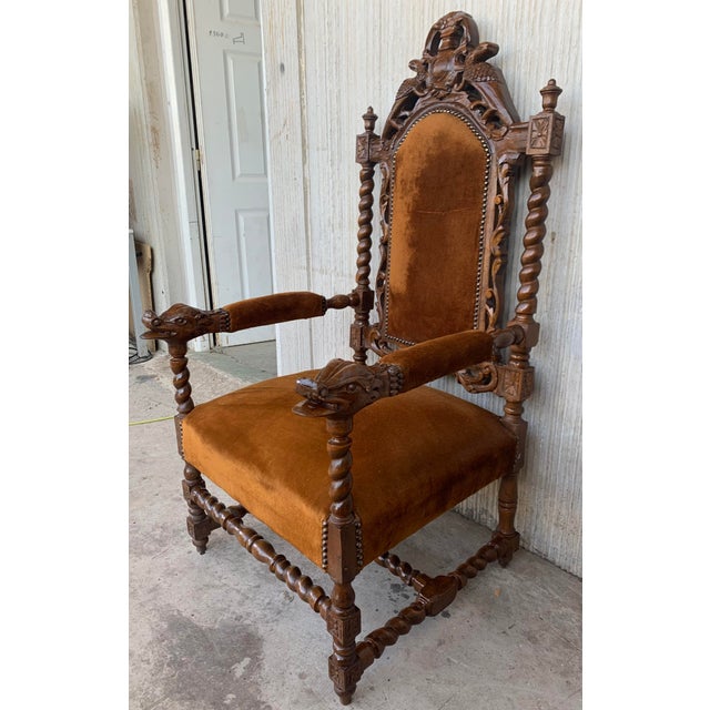 Late 19th Century Early 20th Century Vintage Louis XVI Style Spanish Pair of Carved Walnut Armchairs - a Pair For Sale - Image 5 of 13