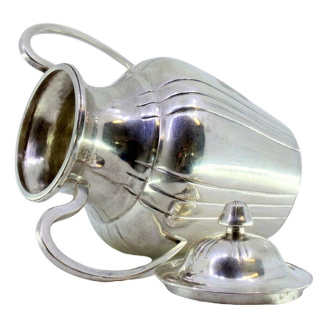 Sugar Bowl in Gummed Silver with Smooth Handles and Knob Lid For Sale