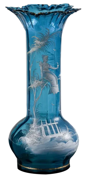 Liberty Vase in Blue Glass with Hand-Painted Bucolic Scene Mary Gregory, 1900s