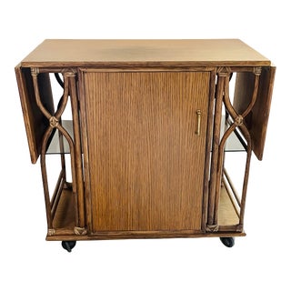 1970s Vintage McGuire Furniture Rattan and Wood Drop-Leaf Bar Cart For Sale