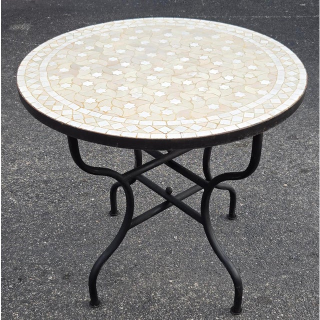 Moroccan 32" Handcrafted Beige and White Rafraf Moroccan Mosaic Table For Sale - Image 3 of 7