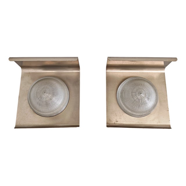 Wall Lamps in Nickel-Plated Metal Sheet and Glass, 1960s, Set of 2 For Sale