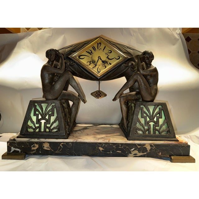 Metal Jacques Limousin, 1920s French Art Deco Portico Clock With Light Up Base For Sale - Image 7 of 12