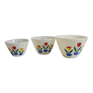 Vintage Set of 3 Fire King Tulip Mixing Bowls For Sale