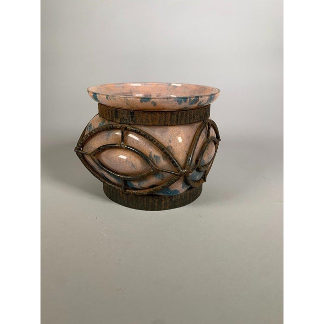 Art Deco wrought iron and glass vase by Le Lorrain, Nancy, 20th century, 1930 For Sale