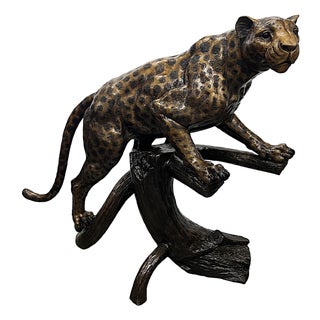 Monumental Max Turner Hot-Cast Bronze Leopard Sculpture on Tree Log For Sale