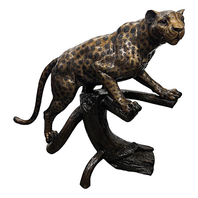 Monumental Max Turner Hot-Cast Bronze Leopard Sculpture on Tree Log For Sale