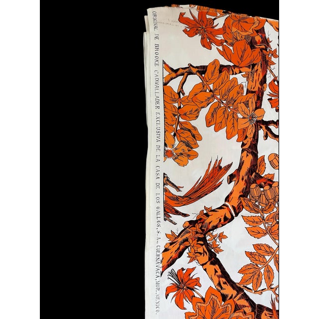 Chinoiserie Brooke Cadwallader Rare Cotton Orange, and White Chinoiserie Fabric La Casa De Los Gallos. 2 Yds For Sale - Image 3 of 7