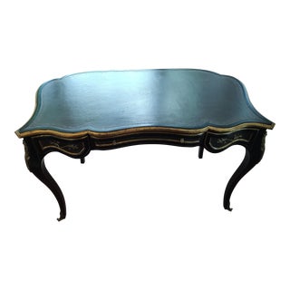 Black and Gold Gilt Writing Desk With Inlaid Embossed Leather Top/Desk Drawers/Desk Edges (Louis XV Influence) For Sale