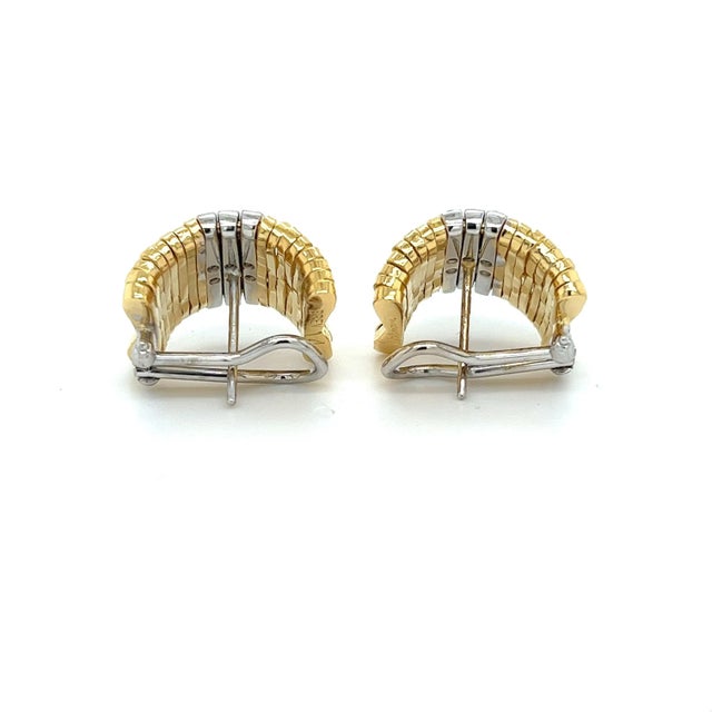 Contemporary Orlandini Signed 18K Two Tone Gold Ribbed Bar Hug Hoop Earrings with Round Cut D For Sale - Image 3 of 5