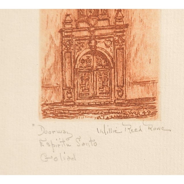 Mid 20th century terra cotta color etching on paper by Willie Lucille Reed Rowe (1914-1986) Louisiana, Texas. Doorway at...