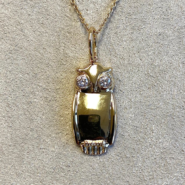 Contemporary Syna Yellow Gold Owl Pendant with Diamonds For Sale - Image 3 of 5