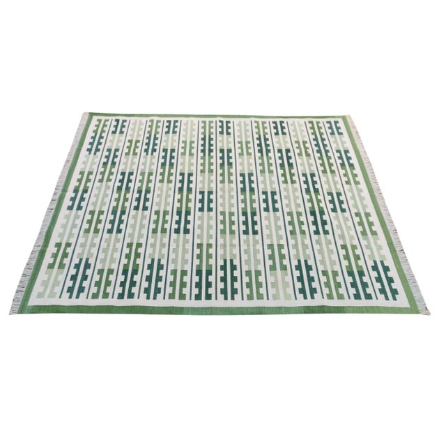 Handmade Cotton Natural Vegetable Dyed Reversible Green Marianne Rug - 9'x12' For Sale - Image 9 of 11
