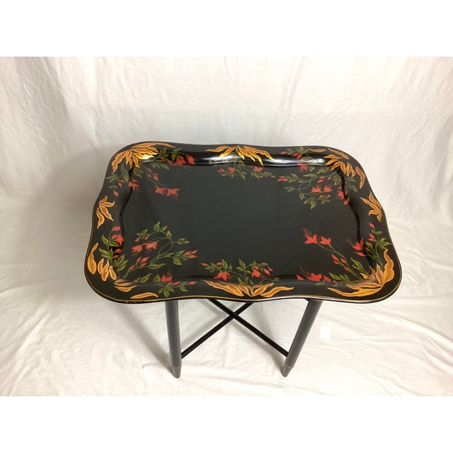 Campaign Vintage Hand Painted Floral Tray Table Signed Gv Veghte 1958 For Sale - Image 3 of 10