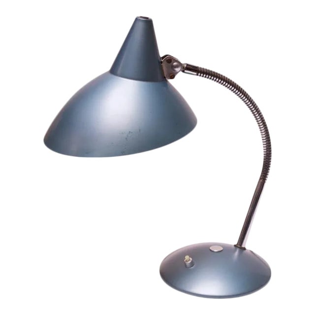 Midcentury German Gooseneck Table Lamp in Metallic Blue by Helo Leuchten For Sale