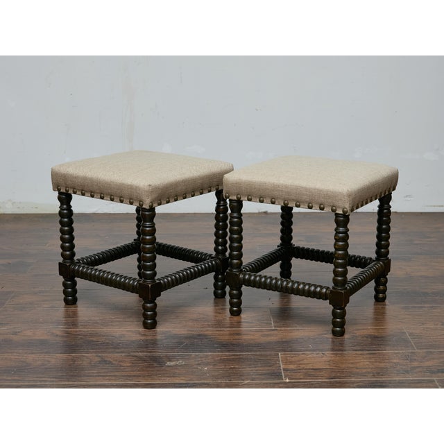 19th Century Pair of English 19th Century Ebonized Bobbin Stools with Custom Linen Upholstery For Sale - Image 5 of 9