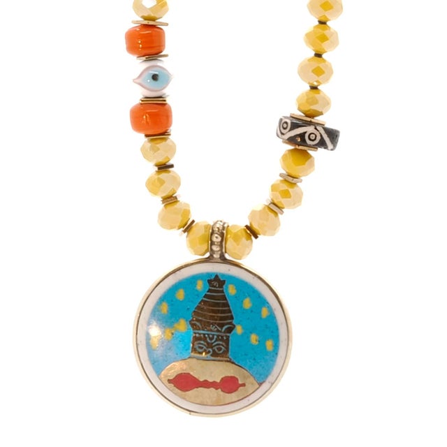 Colorful Nepal Mantra Pendant Yellow Beaded Long Necklace For Sale - Image 10 of 17