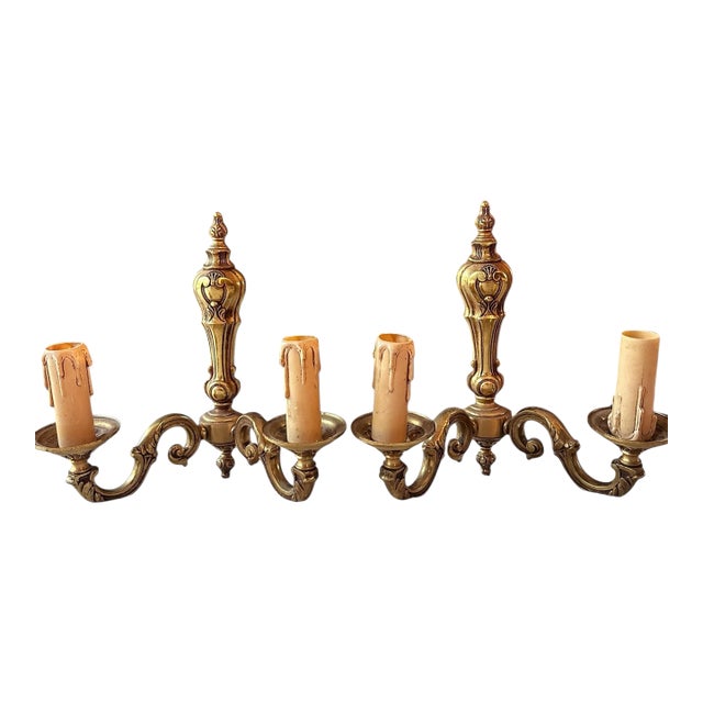 1950s Pair of Antique French Bronze Two-Arm Sconces – Heavy, Ornate Rococo Style, Natural Patina, Requires Rewiring For Sale