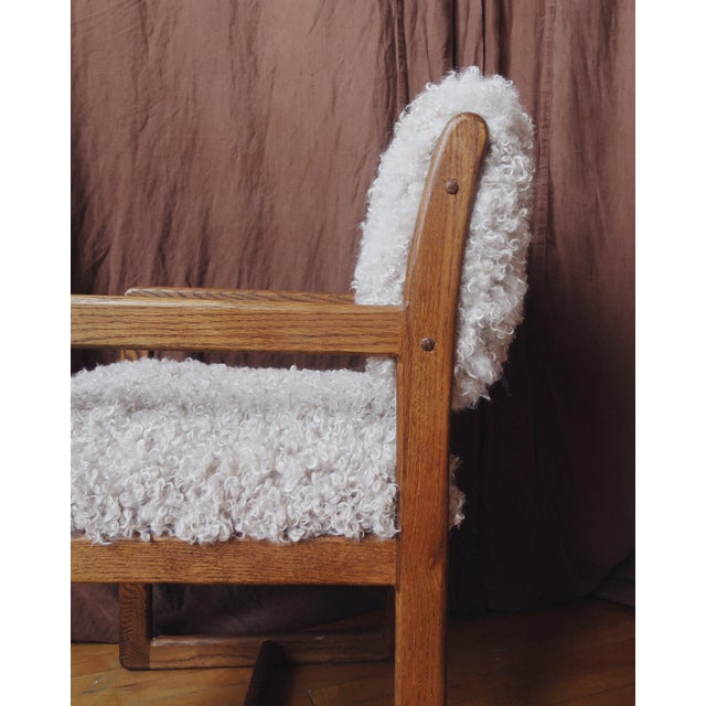 Wood Pair of Mid-Century Oak Armchairs in Cream Faux Shearling For Sale - Image 7 of 12