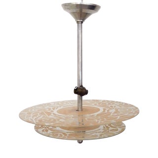 Art Deco Chandelier with Discs Decorated with Stylized Roses in Pink Granite, 1940s For Sale